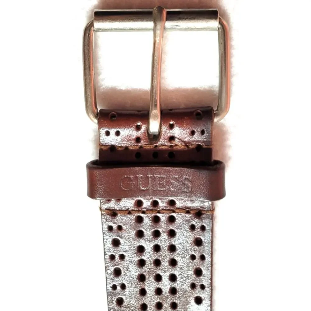 Guess Mens Brown Punched Wide Leather Belt Sz 40 Western Silvertone Buckle